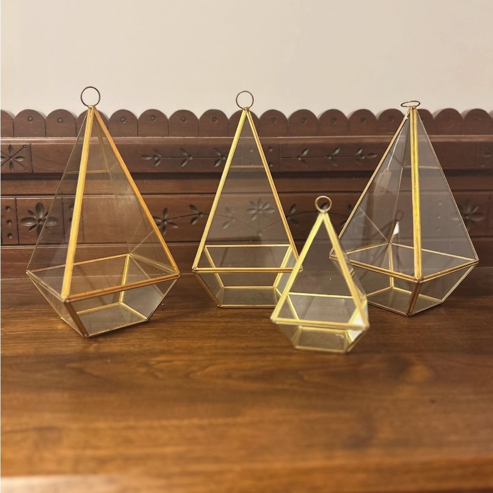 Geometric Gold Brass and Glass Terrariums Set - Planter or Trinket Display Box